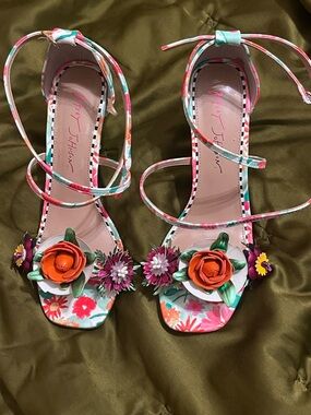 Betsey Johnson Floral Embellished Ankle-Tie Sandals in Multicolor
